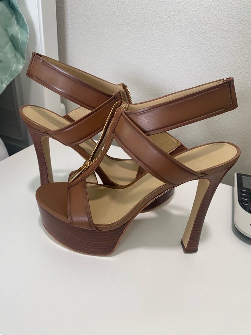 Michael Kors Brown Leather Platform Sandals with Gold Chain Detail